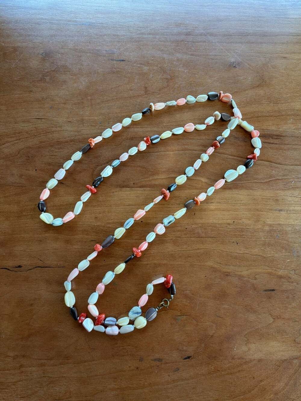 Vintage Multi-Color Mother of Pearl and Coral Bead 53-Inch Long Strand Necklace‎